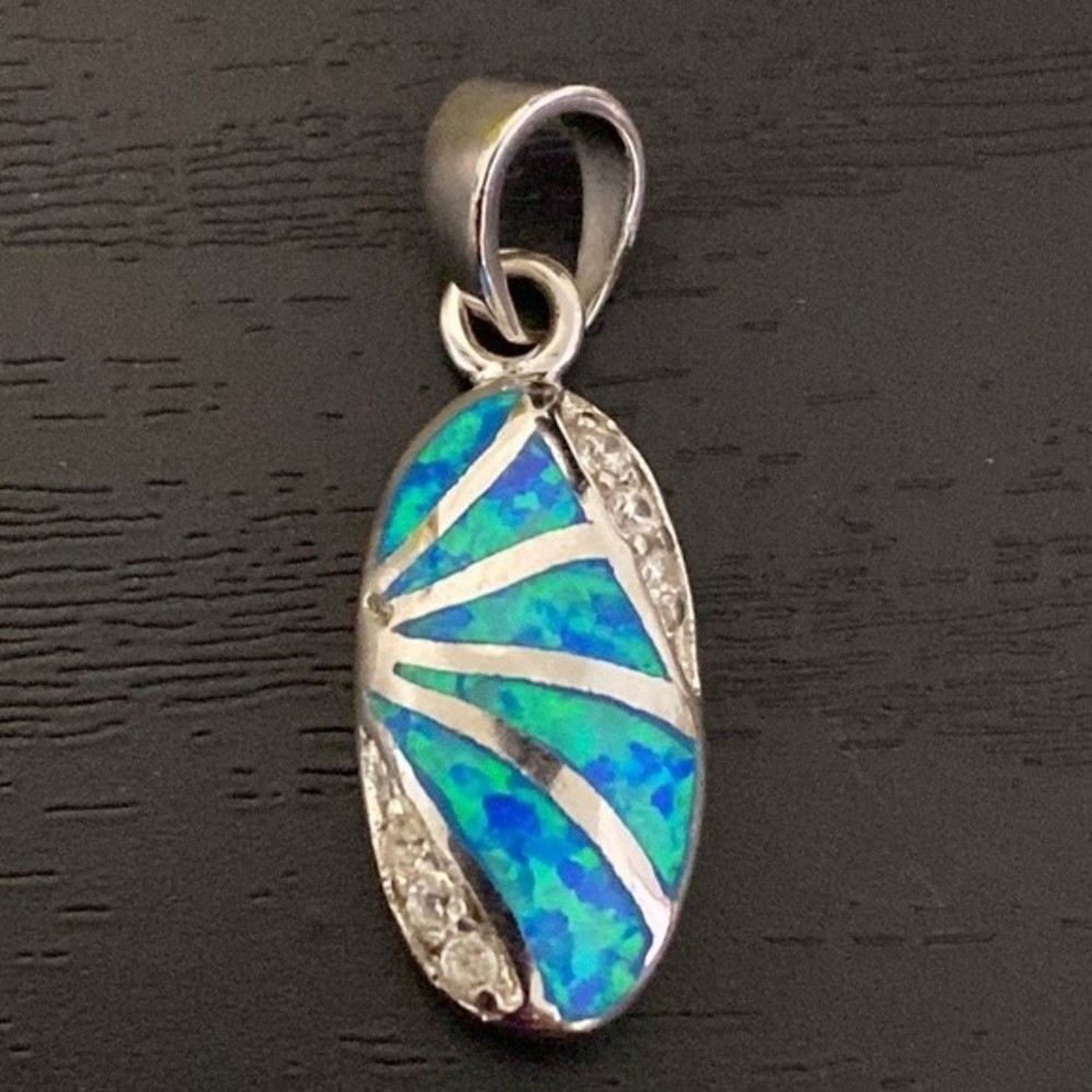 Blue Opal and Cubic Zirconia Sterling Silver Pendant - Picture 2 of 4